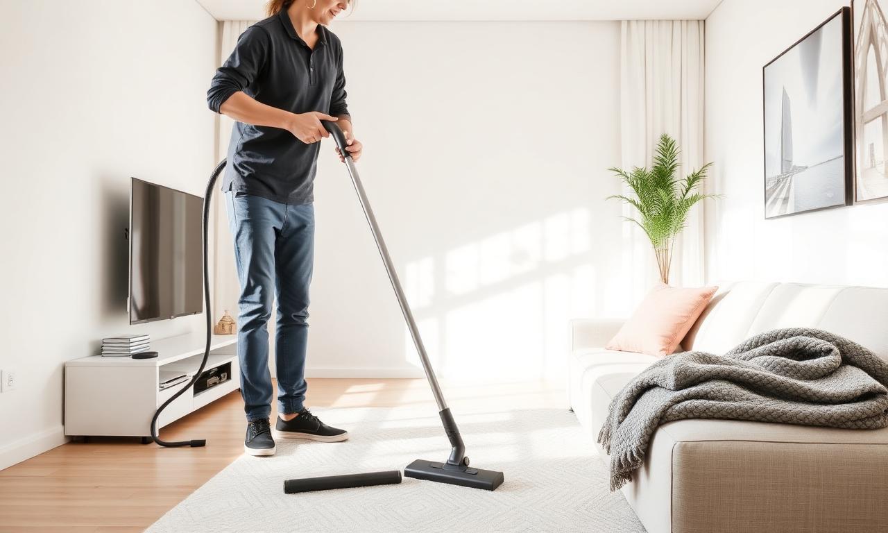 Cleaner vacuuming a tidy Melbourne living room during a regular clean